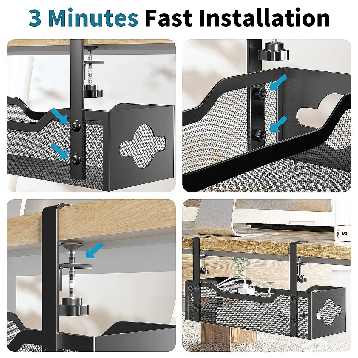 Under Desk Cable Management Tray No Drill, Metal Mesh 13.38", Black