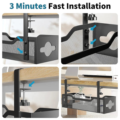 Under Desk Cable Management Tray No Drill, Metal Mesh 13.38", Black