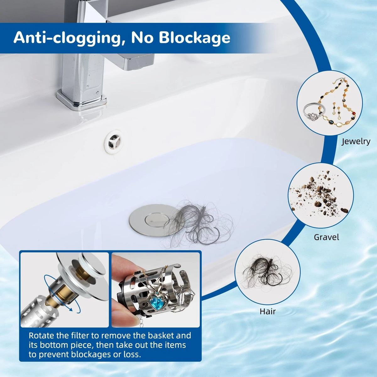 Hibbent Upgraded 3 in 1 Bathroom Sink Drain Strainer, Universal Pop Up Chrome