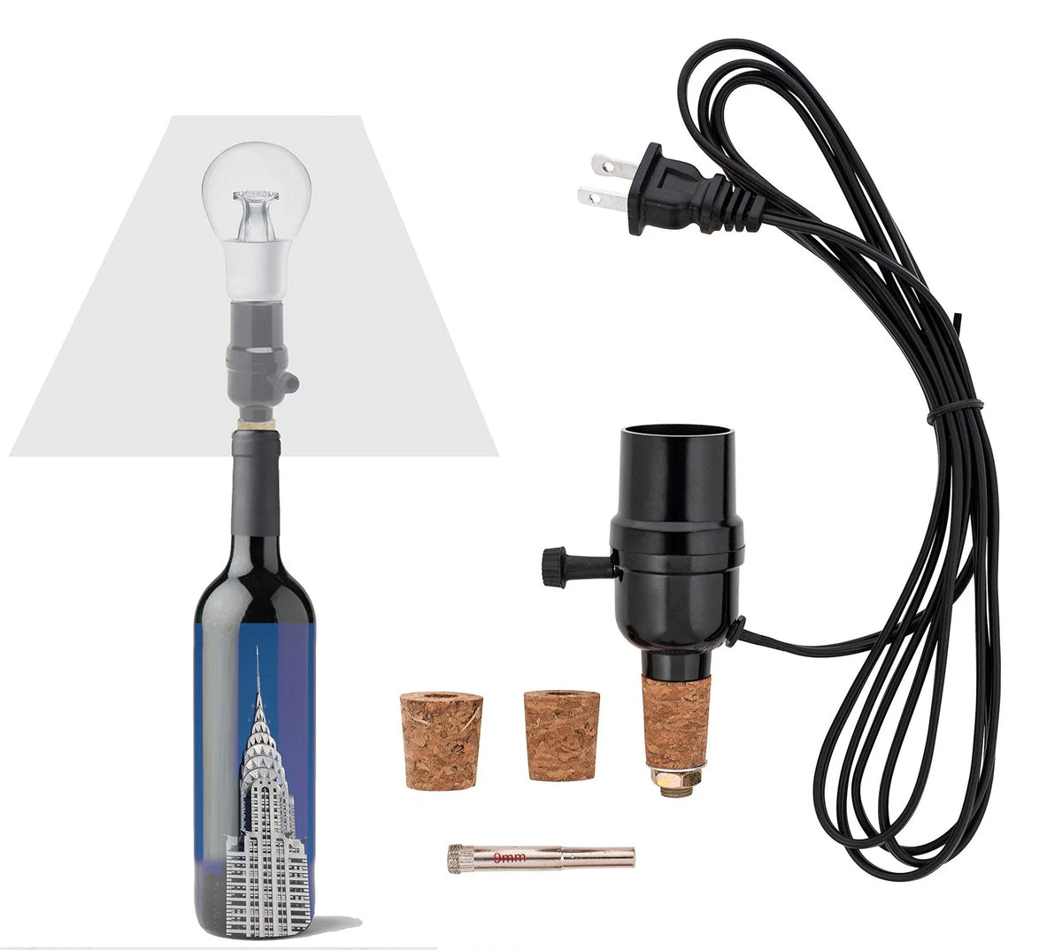 VINO LIGHT Bottle lamp kit, with 9mm Glass Drill bit, Works black and cork