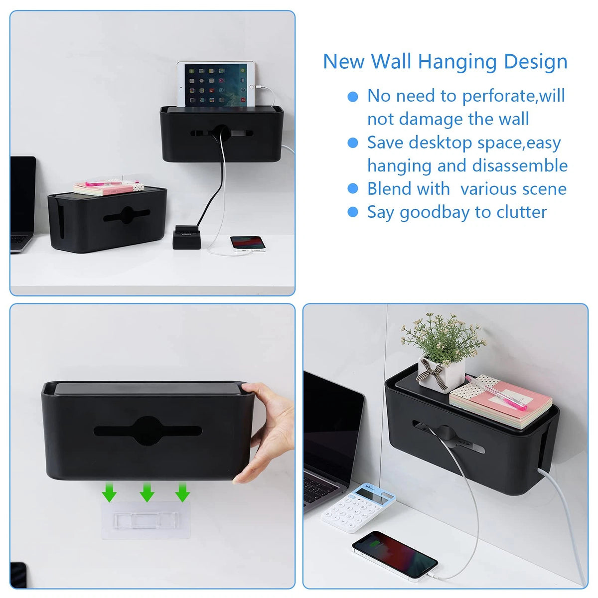 Cable Management Box,Cord Organizer Box for Desk 11.5X 5.12 X 5 inches, BLACK