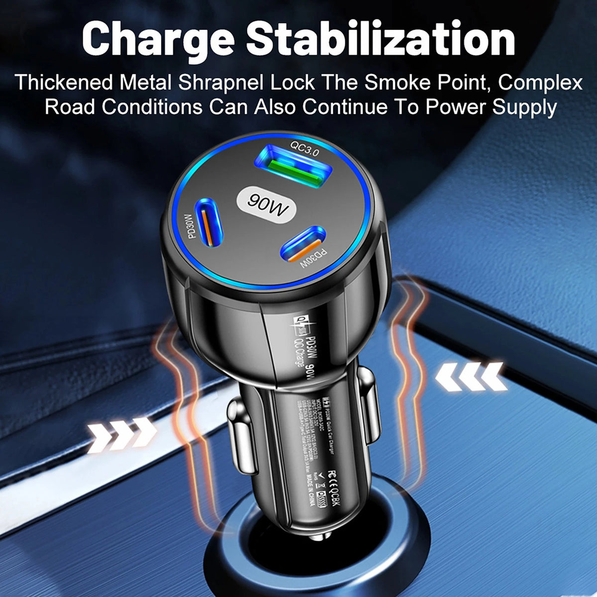 3 Port 90W Car Charger PD 30W QC3.0 Type C Cigarette Lighter USB Charger