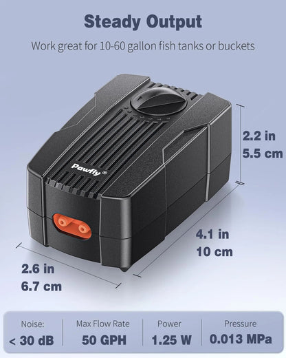Pawfly Aquarium Air Pump Oxygen for 10-200 Gallon Fish 10-60 gal, Black
