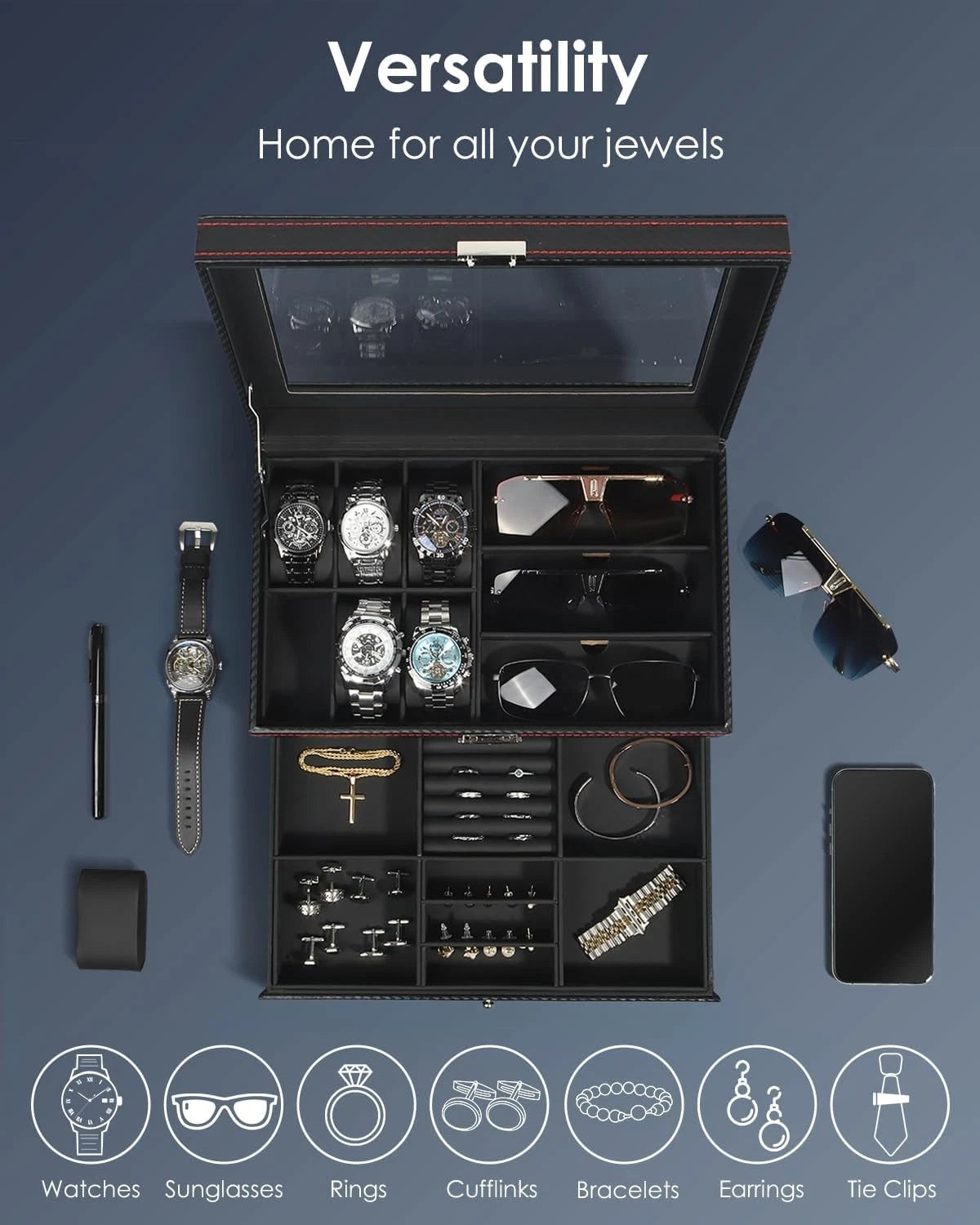 Kukikan Watch Jewelry Box Organizer, 6-Slot 2-Layer Case 6-slot, Black