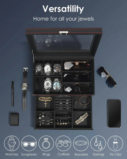 Kukikan Watch Jewelry Box Organizer, 6-Slot 2-Layer Case 6-slot, Black
