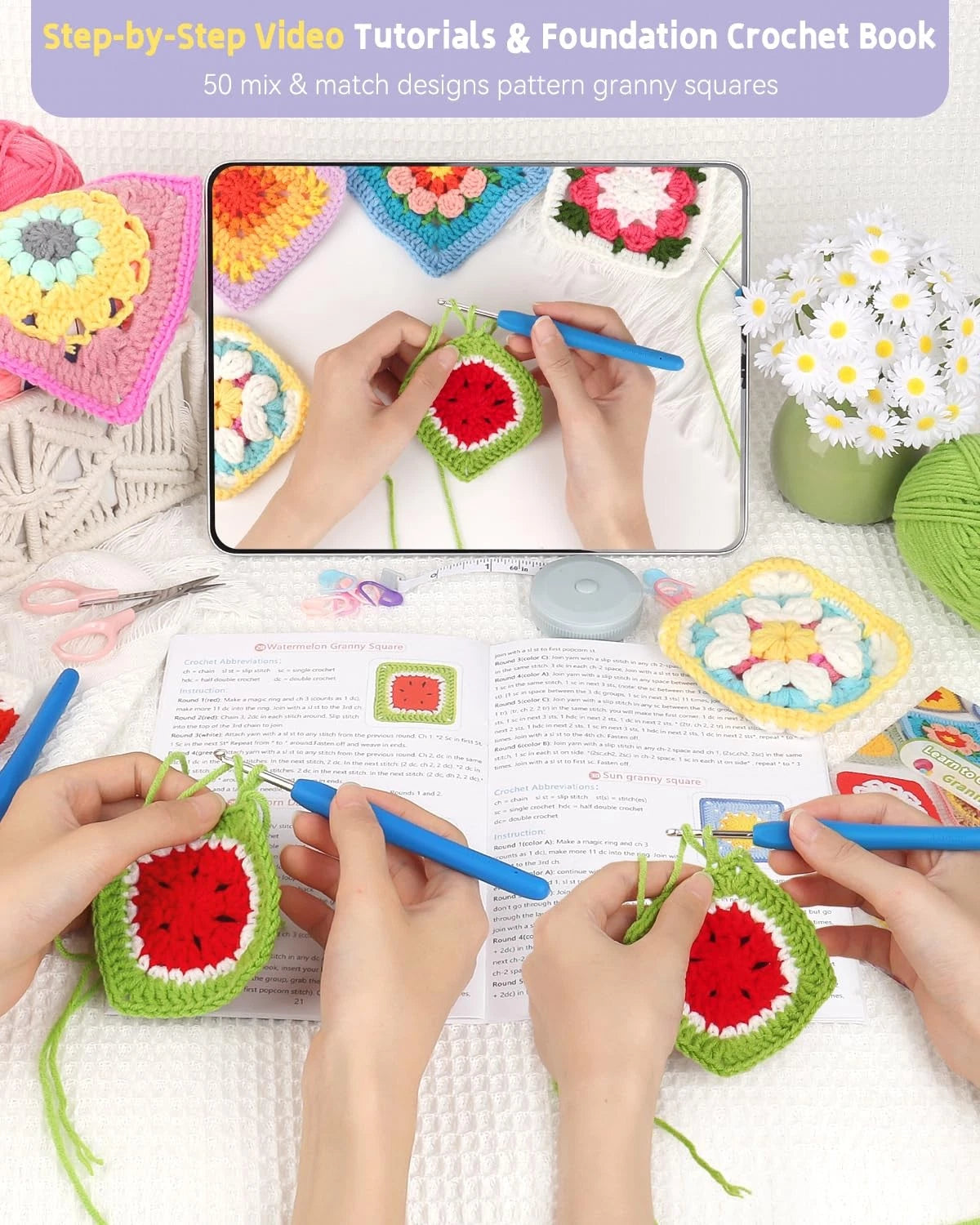 Katech Crochet Kit for Beginners, 50 Floral Small, Blue-purple gradient