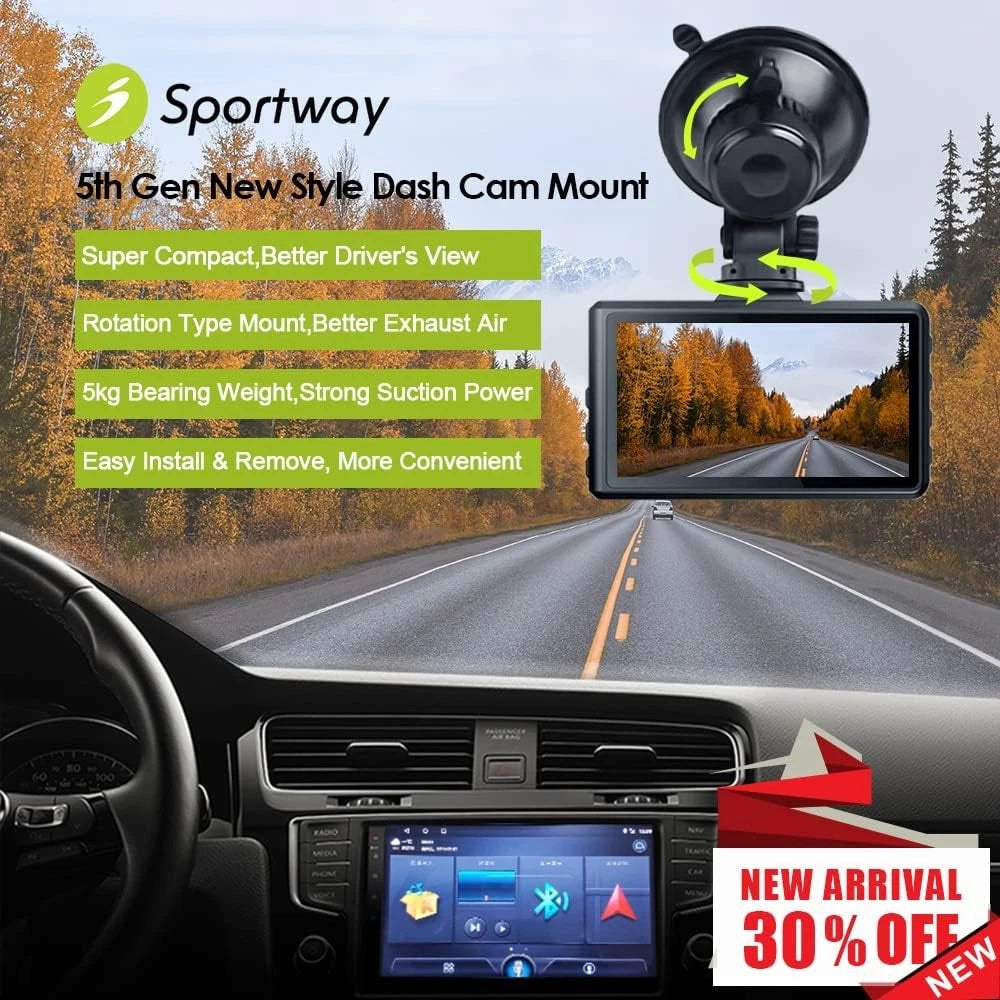 Sportway S504 Suction Cup Dash Cam Mount Holder (5th Gen) with 4pcs 360 Black