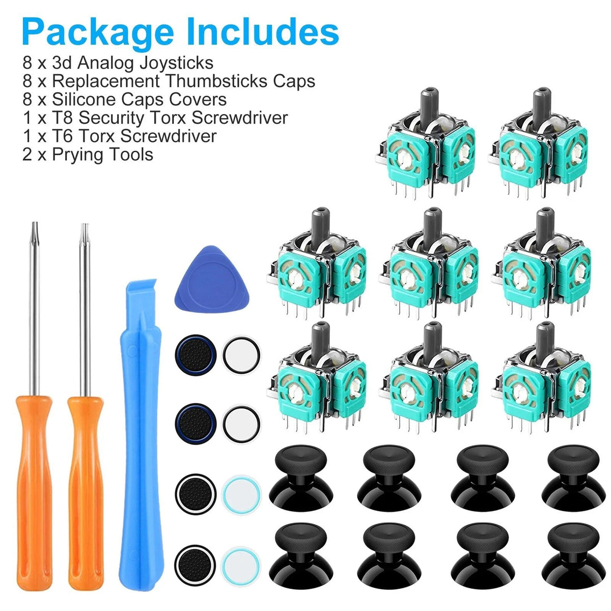 8x Analog Stick Set for Xbox One Controller Repair with Thumbstick Caps & Tools