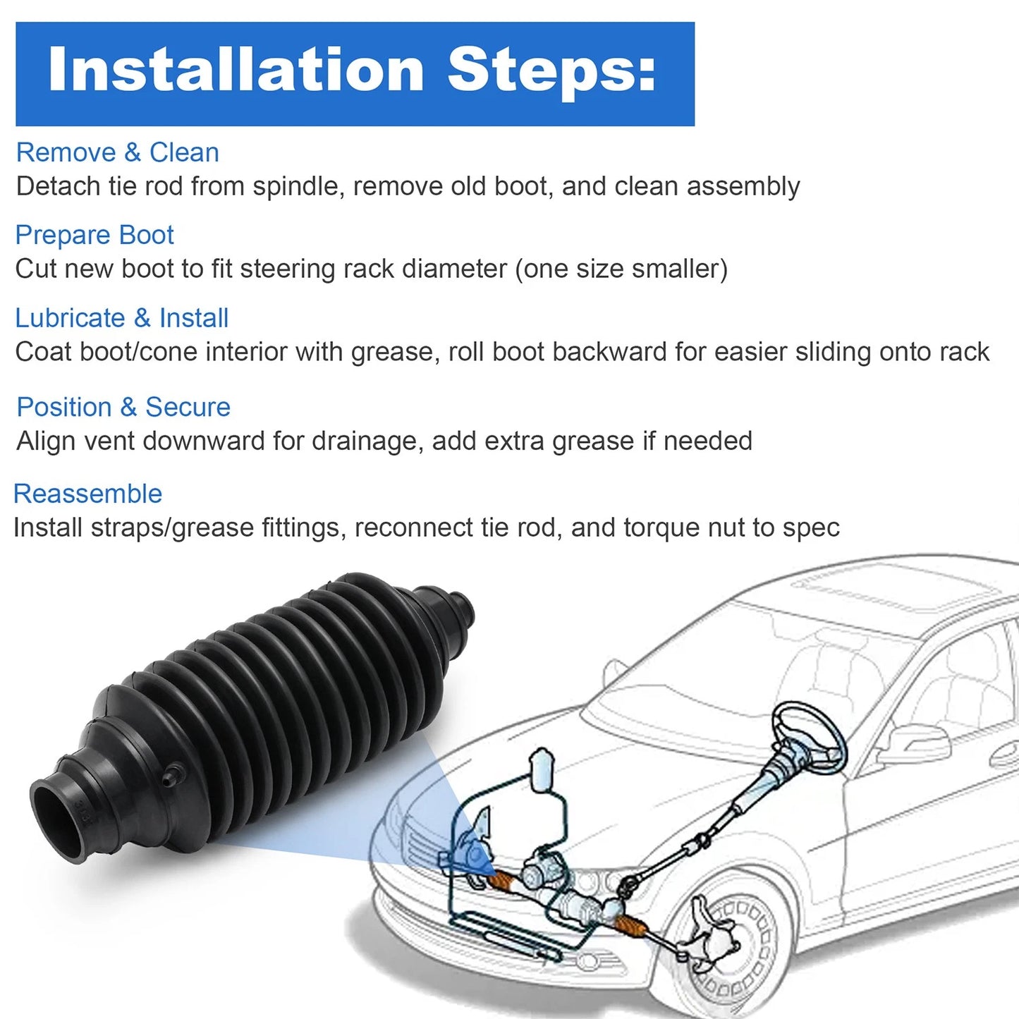 Universal Replacement Rack & Pinion Steering Boot Fits most vehicles