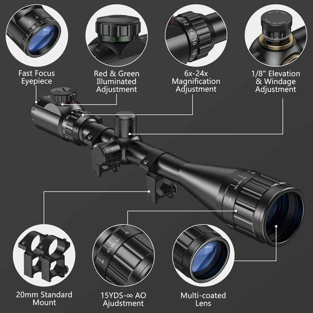 CVLIFE Hunting Rifle Scope 6-24x50 AOE Red and Green Illuminated 20mm, black