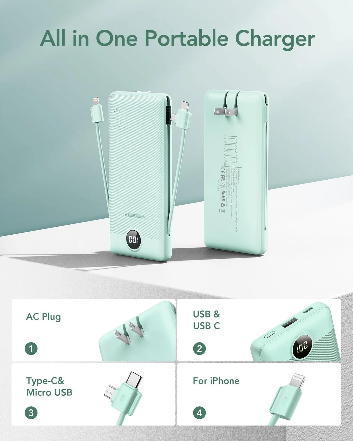 VEGER Portable Charger with Built-in AC Plug and Cables, All in One Green