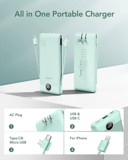 VEGER Portable Charger with Built-in AC Plug and Cables, All in One Green