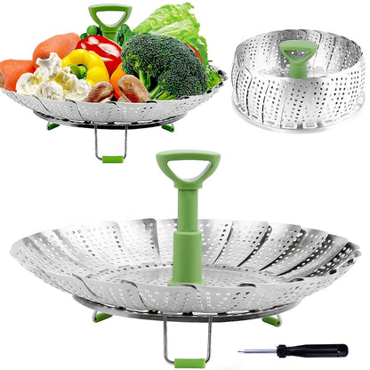 Consevisen Vegetable Steamer Basket for Cooking 5.1" to 9", Silver/Green