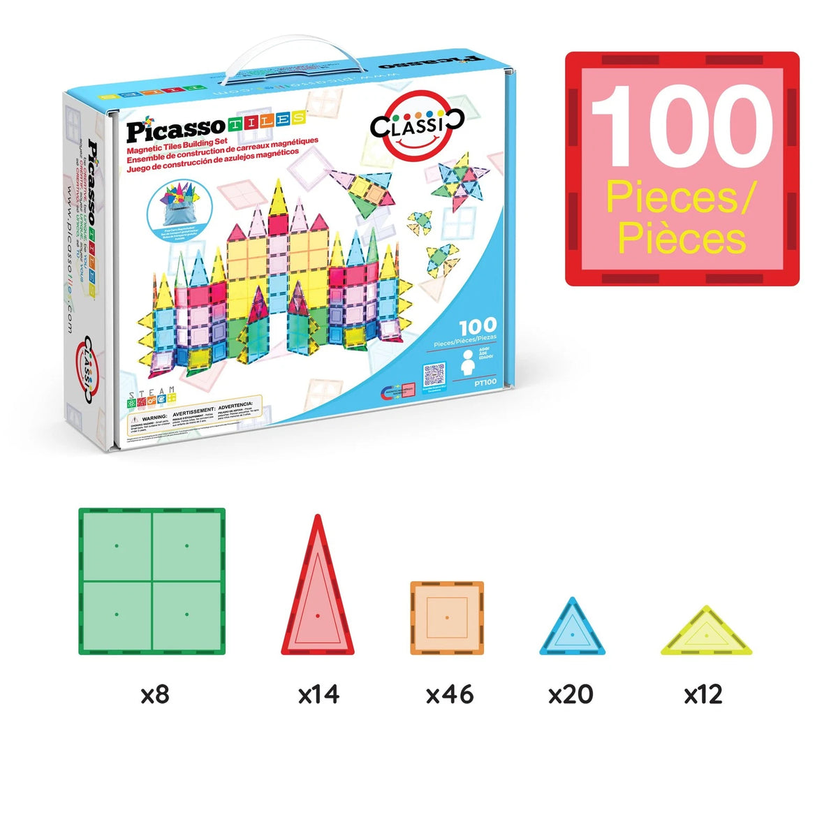 PicassoTiles 100 Piece Set 100pcs Magnet Building Tiles Clear 100, Multicolor