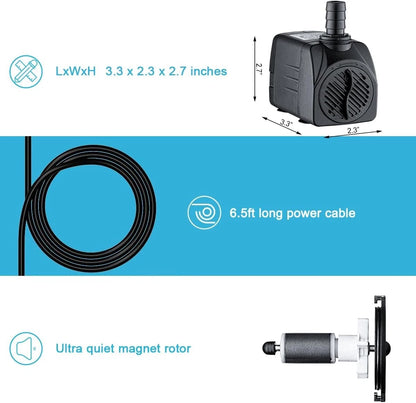 400GPH Ultra Quiet 1500L/H 25W Submersible Water Pump with 400GPH, Black