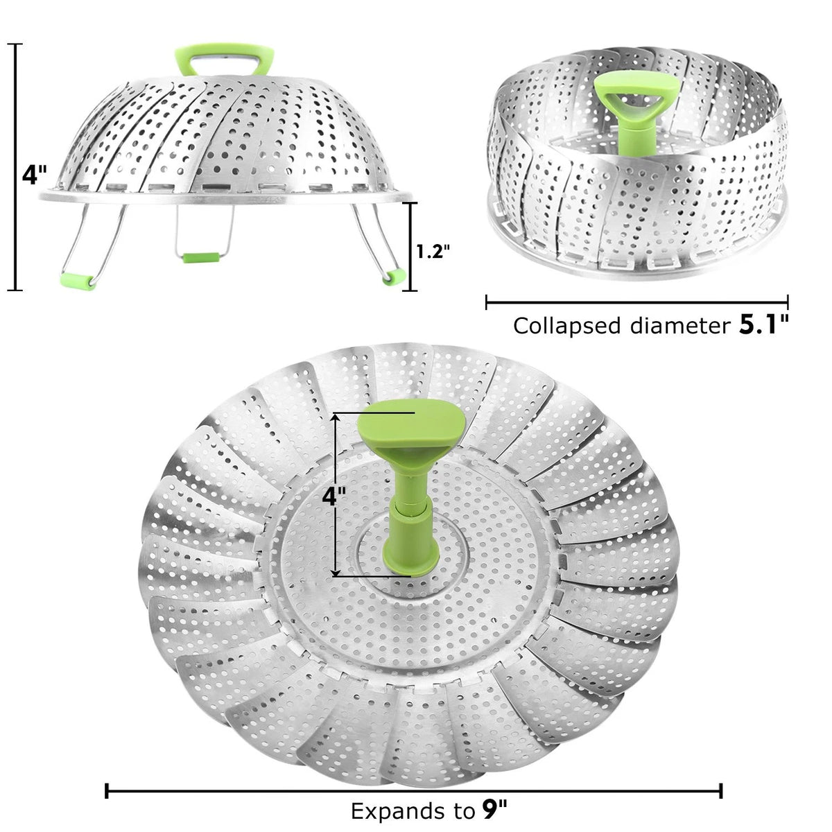 Consevisen Vegetable Steamer Basket for Cooking 5.1" to 9", Silver/Green
