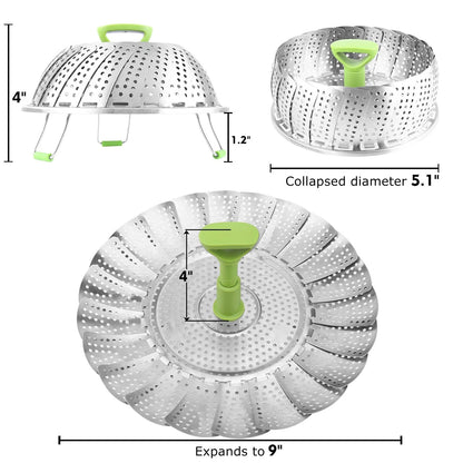 Consevisen Vegetable Steamer Basket for Cooking 5.1" to 9", Silver/Green