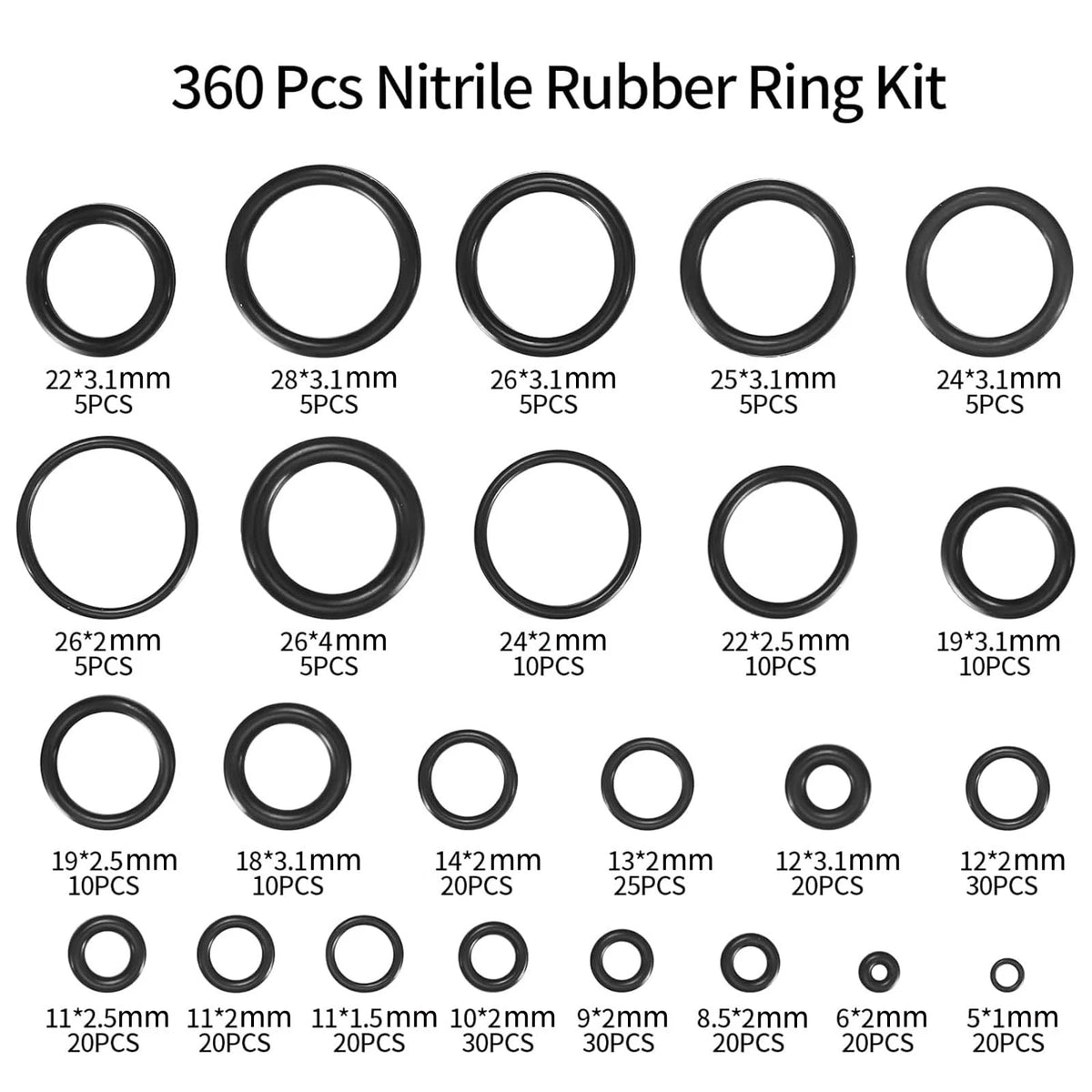 360 Pcs O Ring Assortment Kit,Rubber Washer Orings, Black 24 24 Sizes,