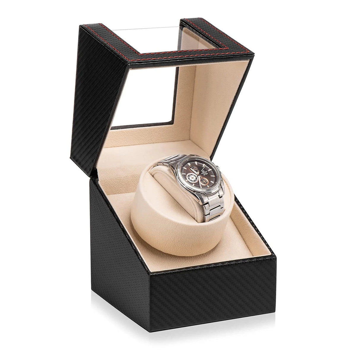 Efaithtek Automatic Single Watch Winder in Black Carbon Fiber Leather