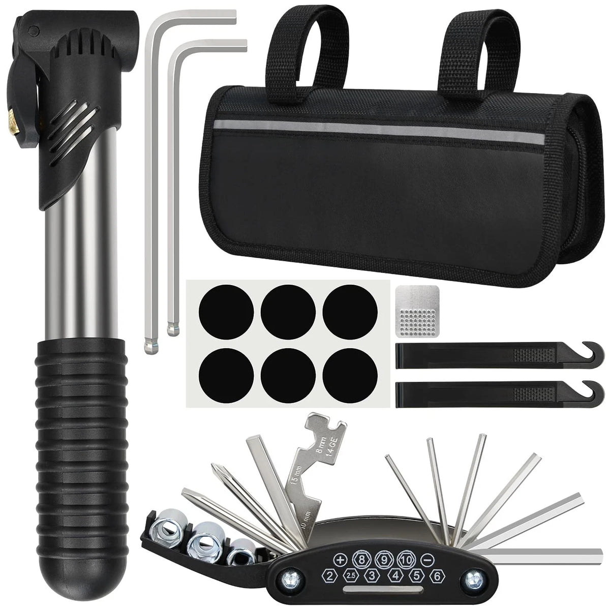 Bike Repair Kit, Bag With Tire Pump, Multitool, Tube Set