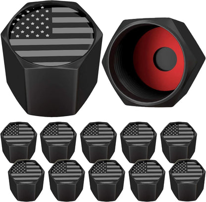American Flag Tire Valve Stem Caps, USA with O Black Gray (12 Pack)