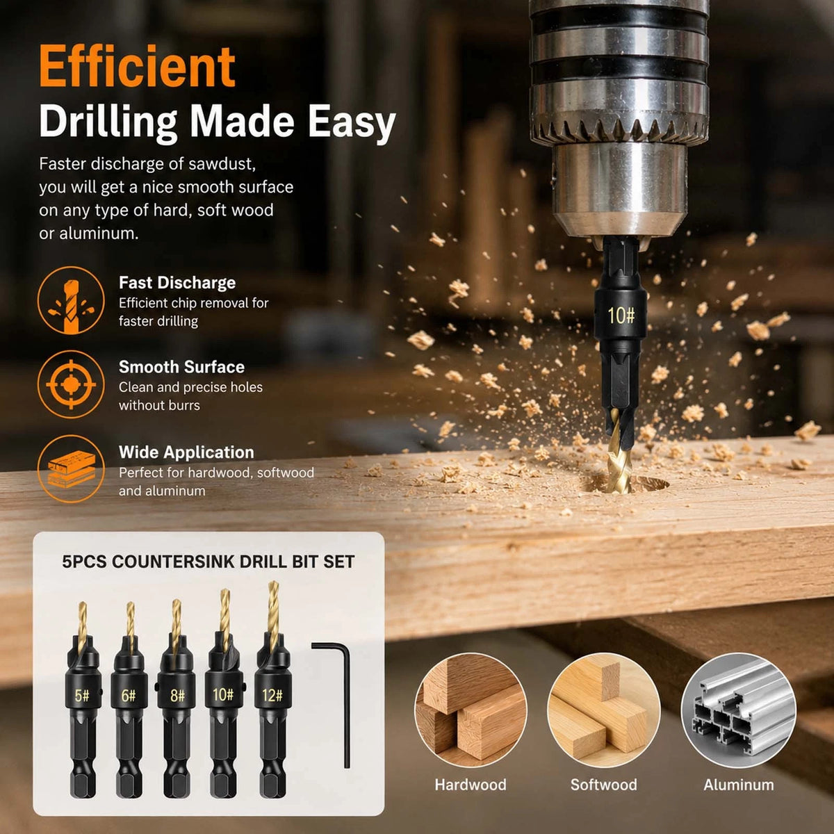 12-Piece Countersink Drill Bit Set One-Step Drill & Countersink, 1/4" Hex Shank