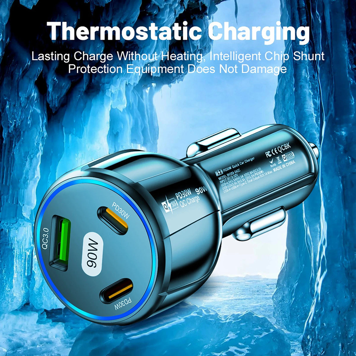 3 Port 90W Car Charger PD 30W QC3.0 Type C Cigarette Lighter USB Charger
