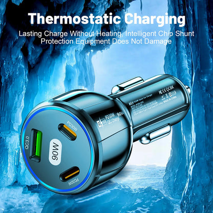 3 Port 90W Car Charger PD 30W QC3.0 Type C Cigarette Lighter USB Charger