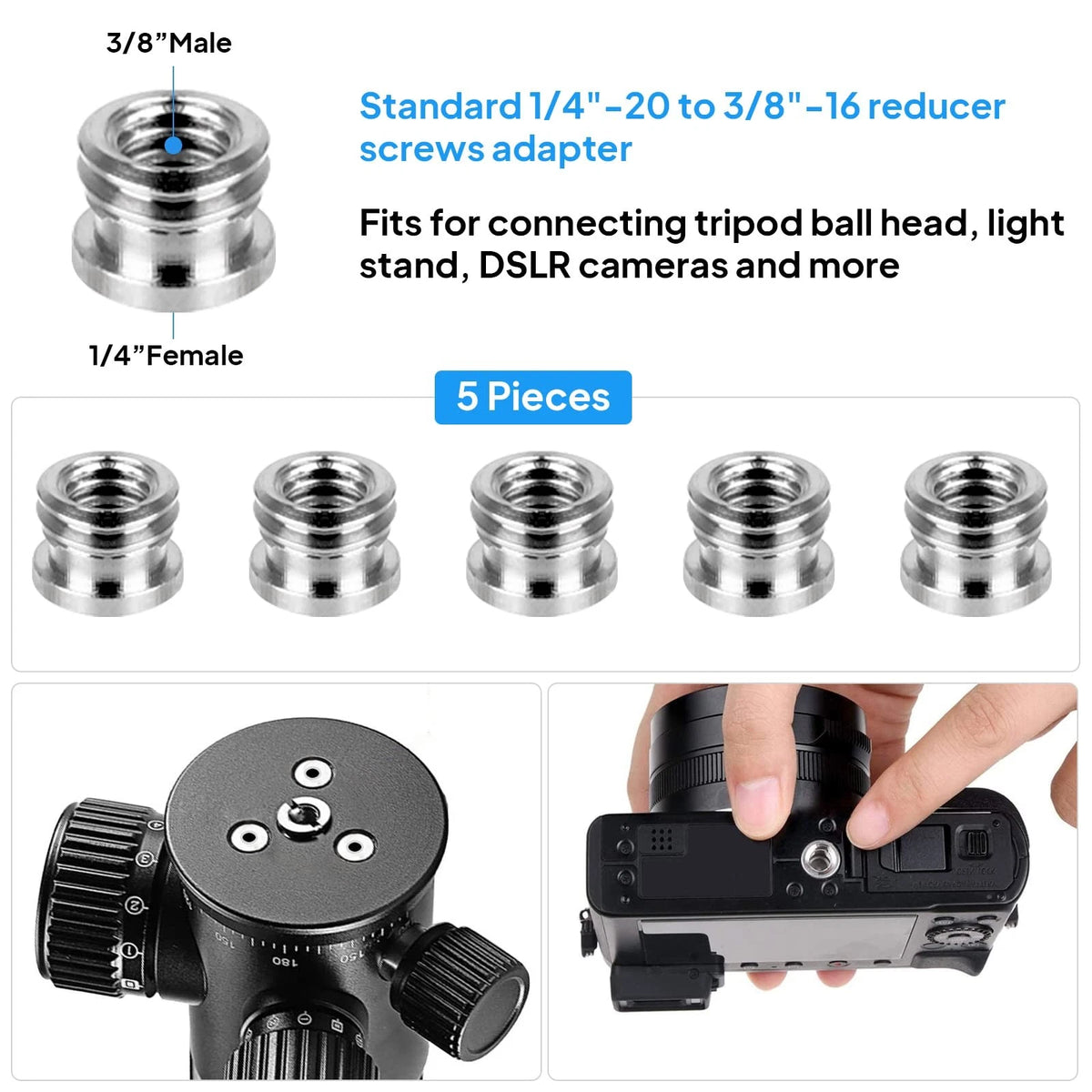 Camera Screw Set - 20pcs Tripod Adapter Mounts for 1/4" to 3/8" 1/4", Silver