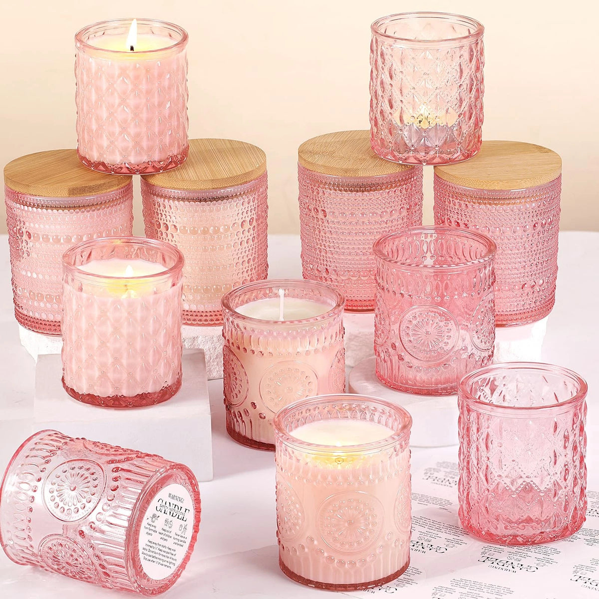 DARJEN 12 Pack Pink Candle Jars for Making Candles- 3 Styles Glass