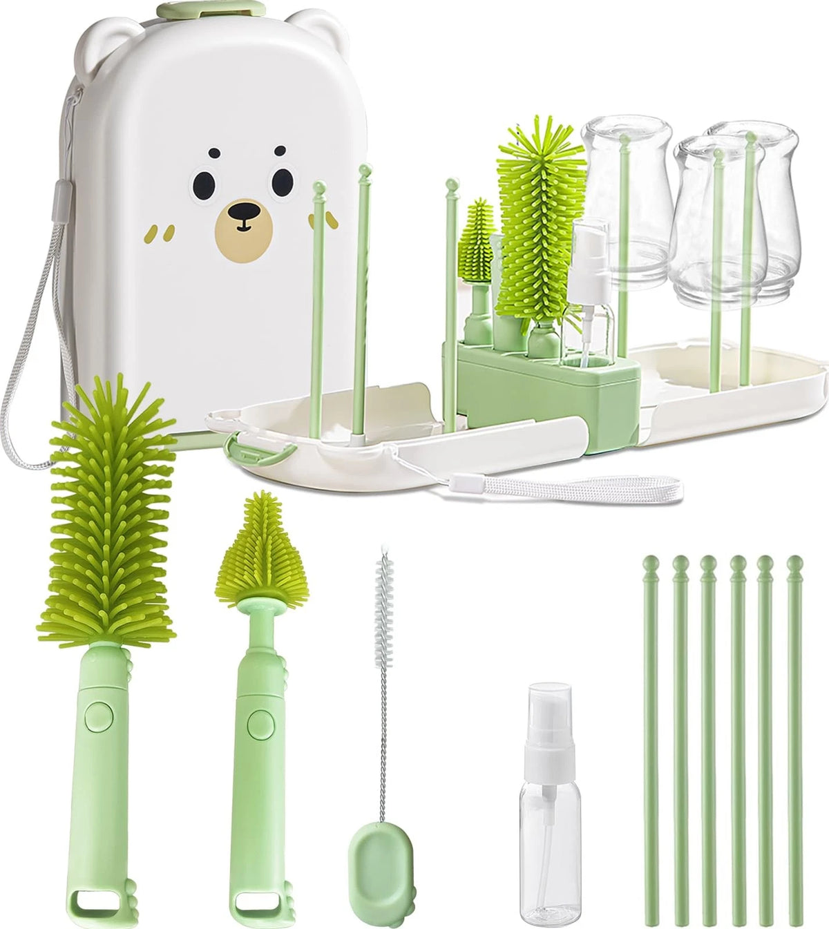 Travel Baby Bottle Cleaner Kit with Storage Case – 6-in-1 Compact Green