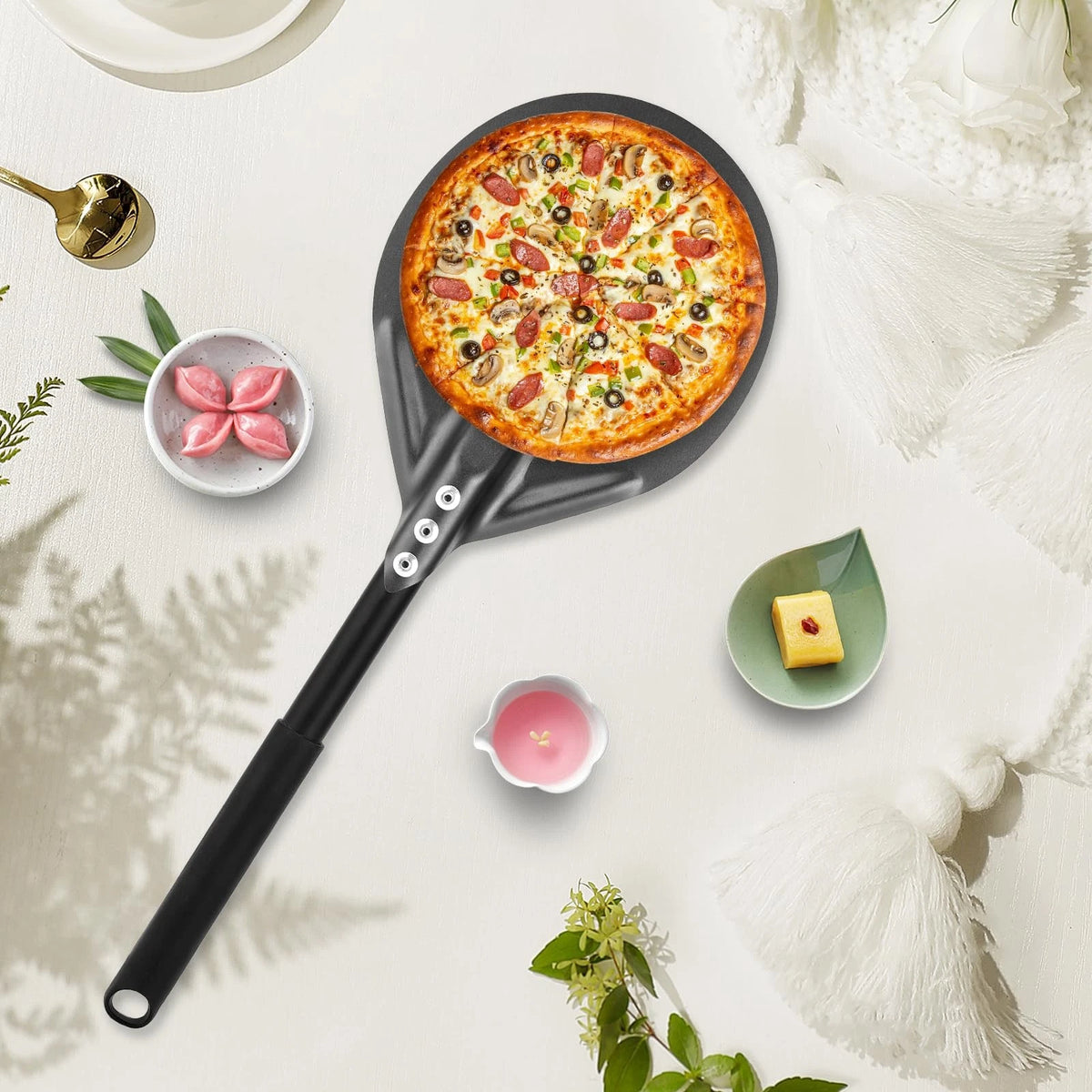 Perforated Pizza Peels 6 INCH pizza spatula paddle Long Handle 6inch, Black