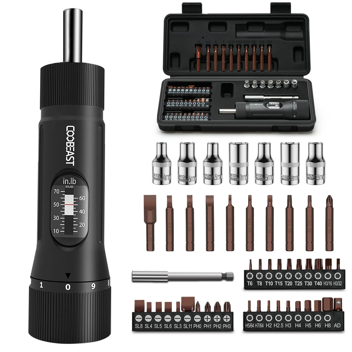 coobeast 49 Pcs Torque Screwdriver 10-70 Inch Pound 49 PCS, Black
