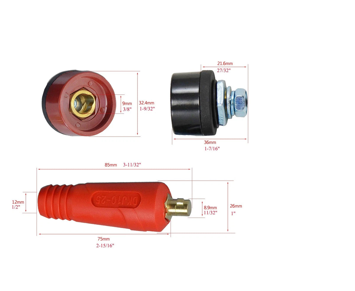 RIVERWELD TIG Welding Cable Panel Connector Plug & 10-25mm, Black & Red