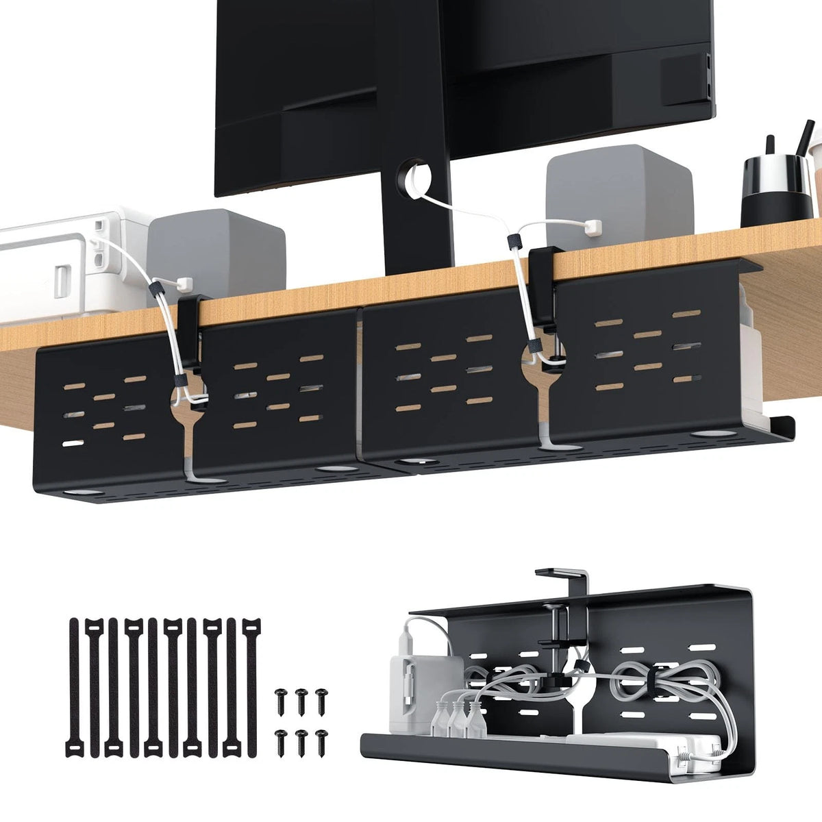 KEEGH 16" Under Desk Cable Management Tray, 2 Pack Cord 2 Pack, Black