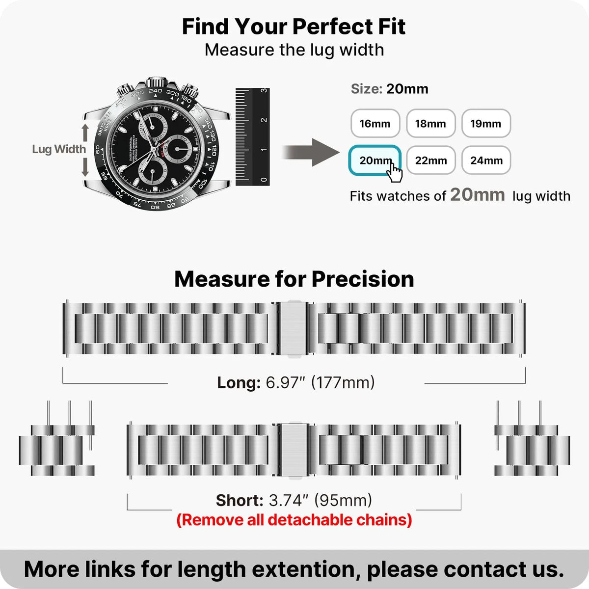 Fullmosa Stainless Steel Watch Band 16mm 18mm 19mm 20mm(see diagram), Silver