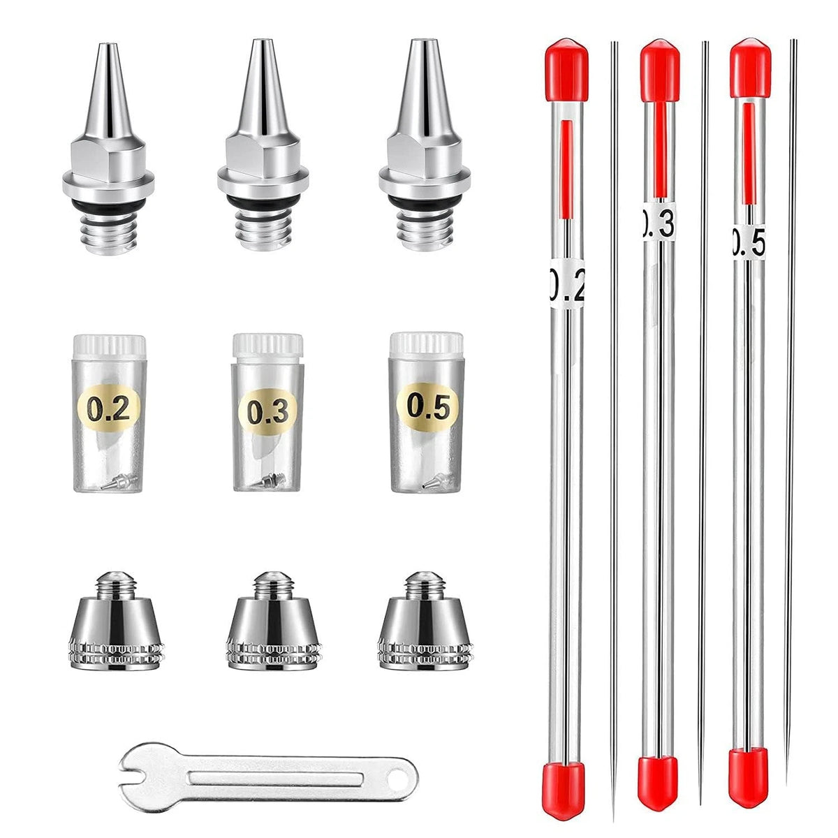 HUBEST 10PCS Airbrush Replacement Parts Kit (0.2mm/0.3mm/0.5mm) KIT 1, SILVER