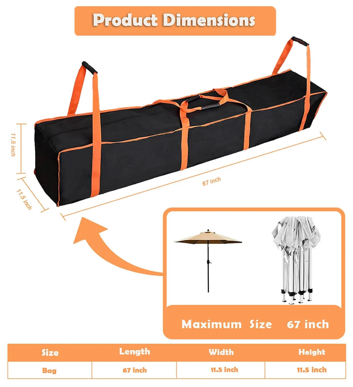 Large Tent Storage Bag 67X11.5X11.5in with Handles 67X11.5X11.5inch, orange