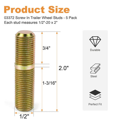 03372 Screw-In Wheel Stud Set – Fits 1/2"-20 x 2" Hubs, 5 Trailer Lug Stud
