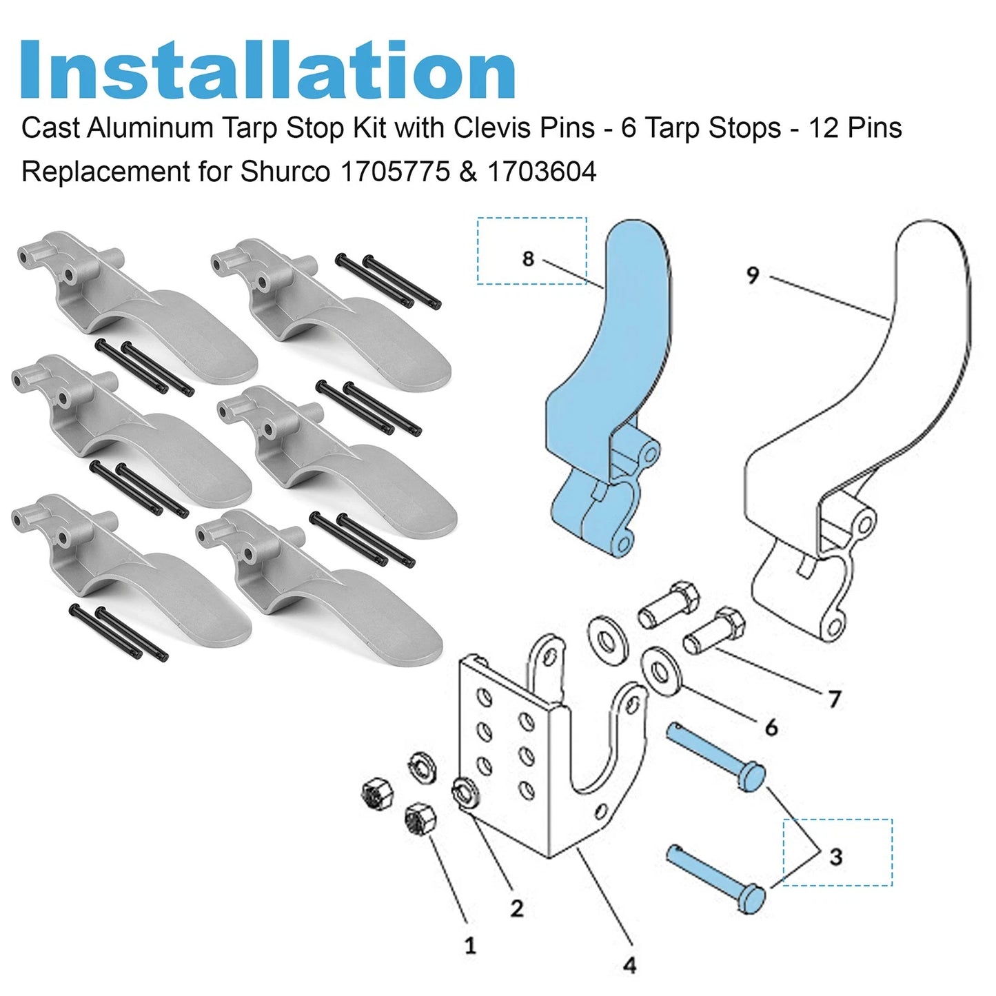 Easy-Off Aluminum (Cast) Tarp Stop w/Clevis Pins -6 Tarp Stops - 12 Pins 1705775