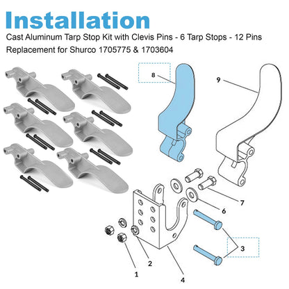 Easy-Off Aluminum (Cast) Tarp Stop w/Clevis Pins -6 Tarp Stops - 12 Pins 1705775