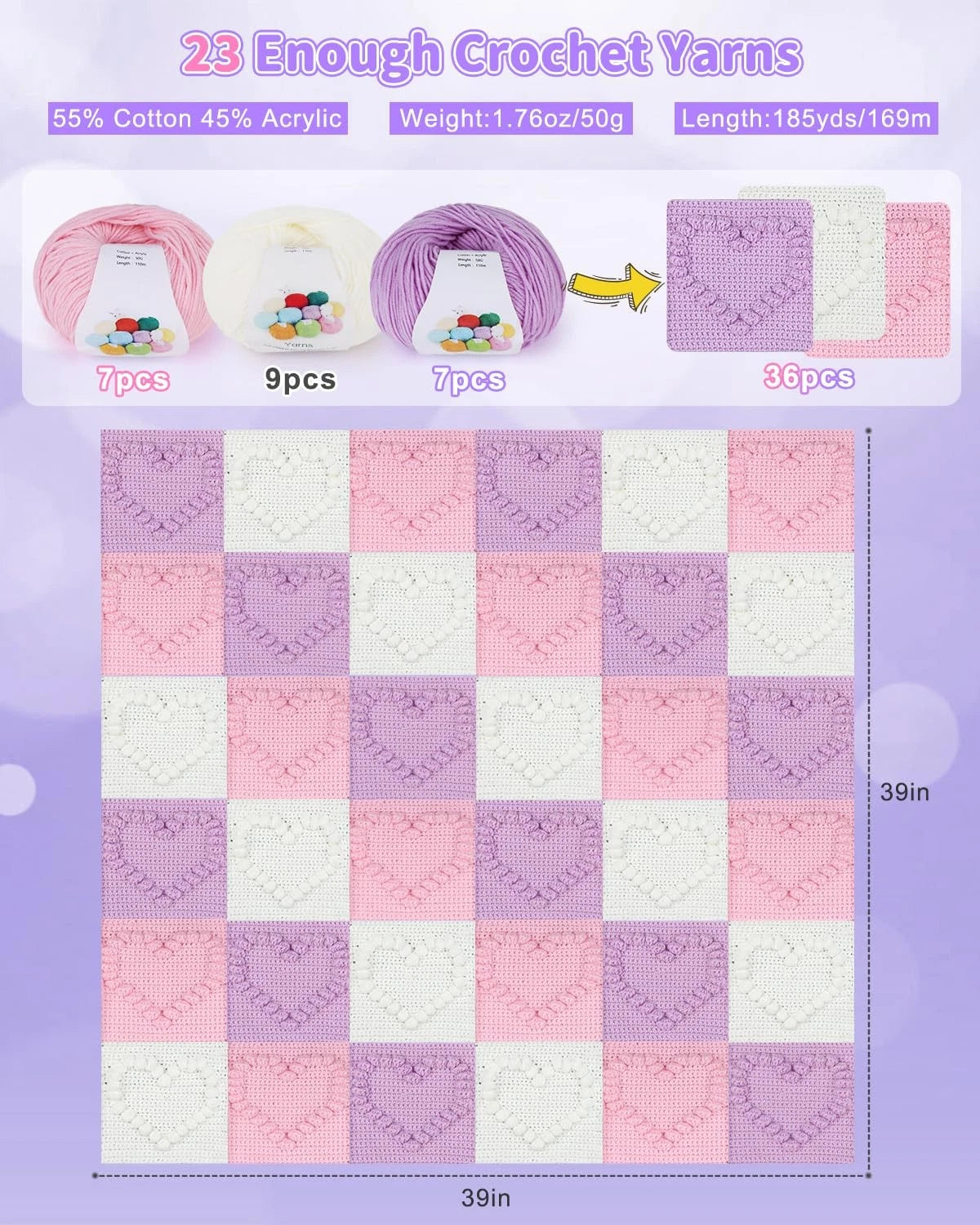 Coopay Crochet Kit for Beginners, GS Blanket Kit, Pinkish-Purple Heart-Shaped