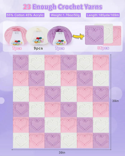 Coopay Crochet Kit for Beginners, GS Blanket Kit, Pinkish-Purple Heart-Shaped