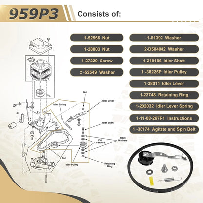 959P3 Washer Idler Pulley& Lever& 38174 Belt Kit Compatible with Alliance...