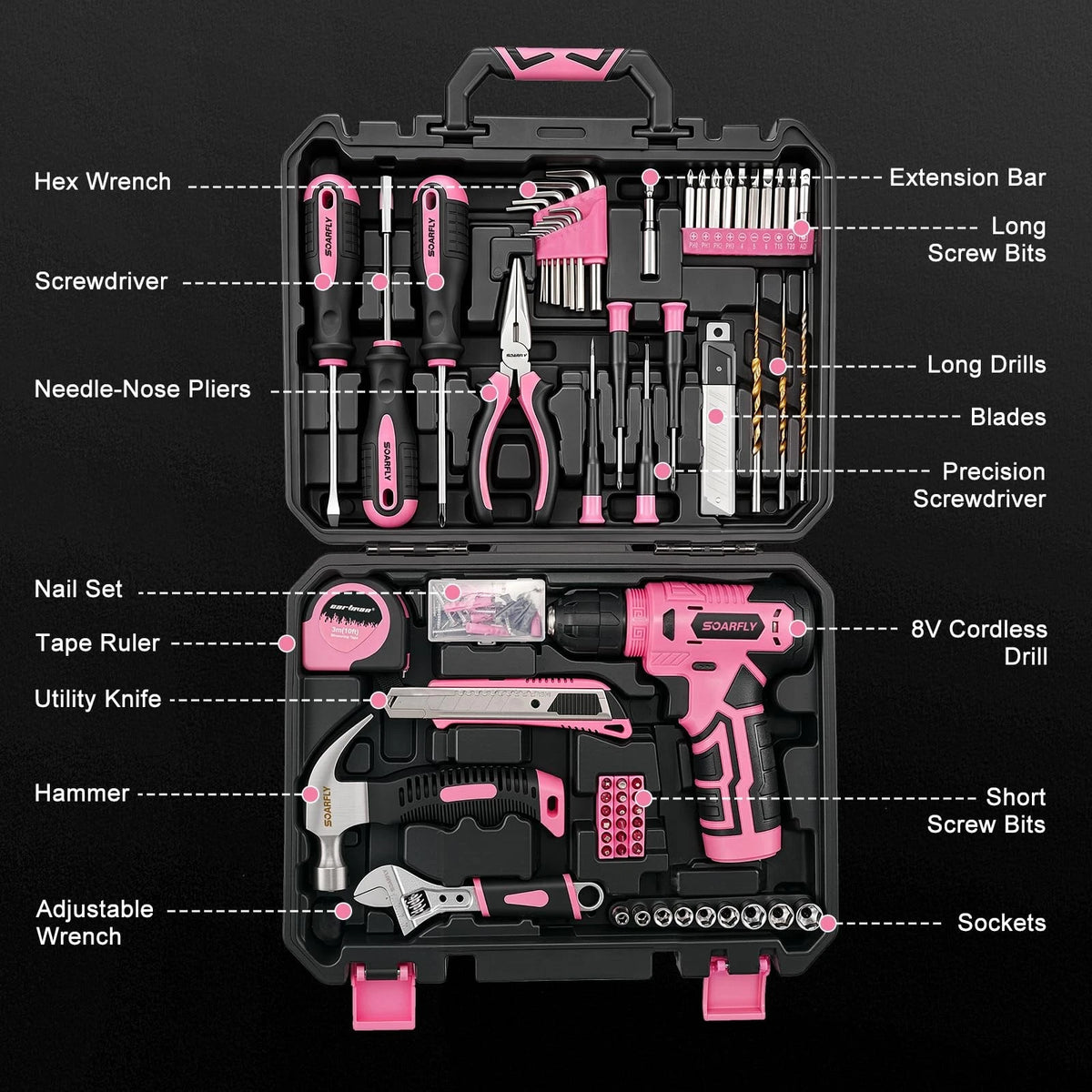 Tool Set, Kit for Home, 8V Cordless Drill 157PCS with Pink