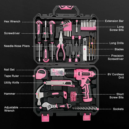 Tool Set, Kit for Home, 8V Cordless Drill 157PCS with Pink