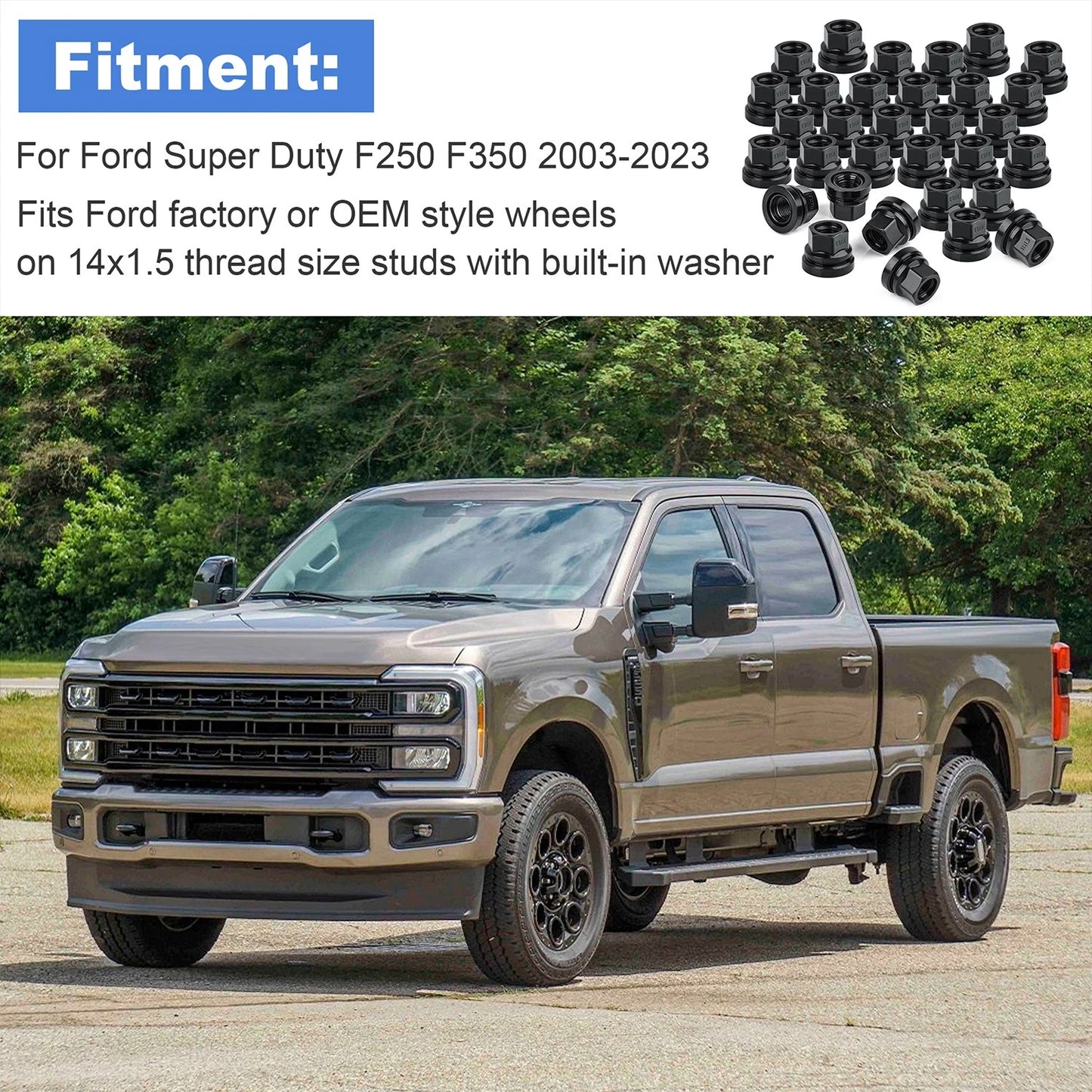 32PCS Black Wheel Lug Nuts 14x1.5 Flat Washer Fit Ford F250 F350 2003-2023
