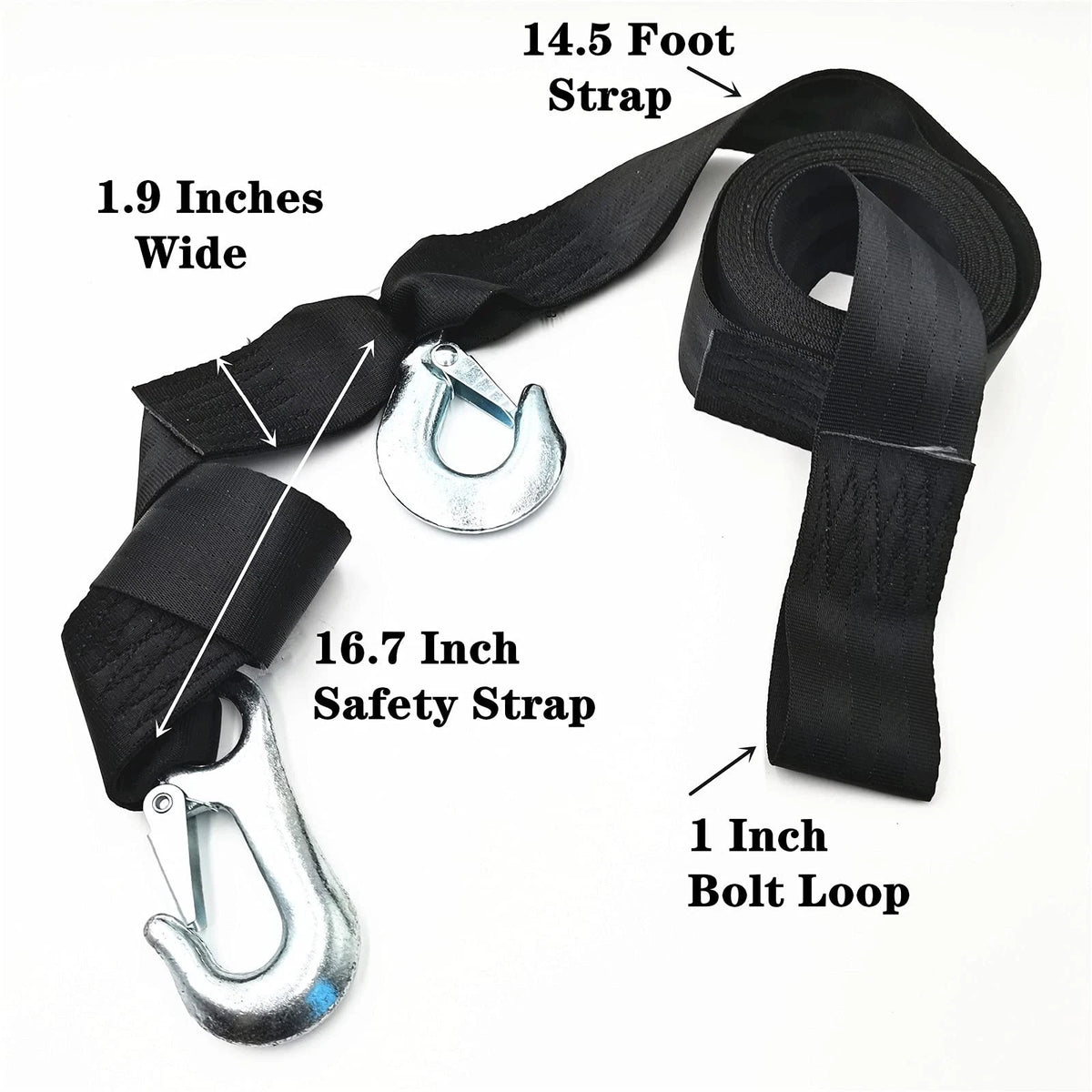 Boats Trailer Winch Hook Strap Wench Rope for 16 feets x 1 inches, black