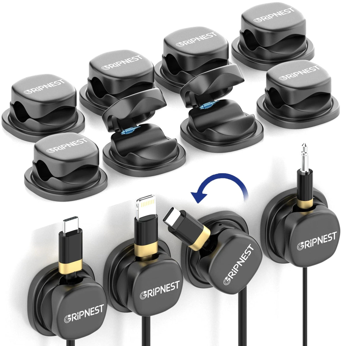 GRIPNEST Never-Lose 1s Lock Spring Cable Solution – Pack of 12, Black