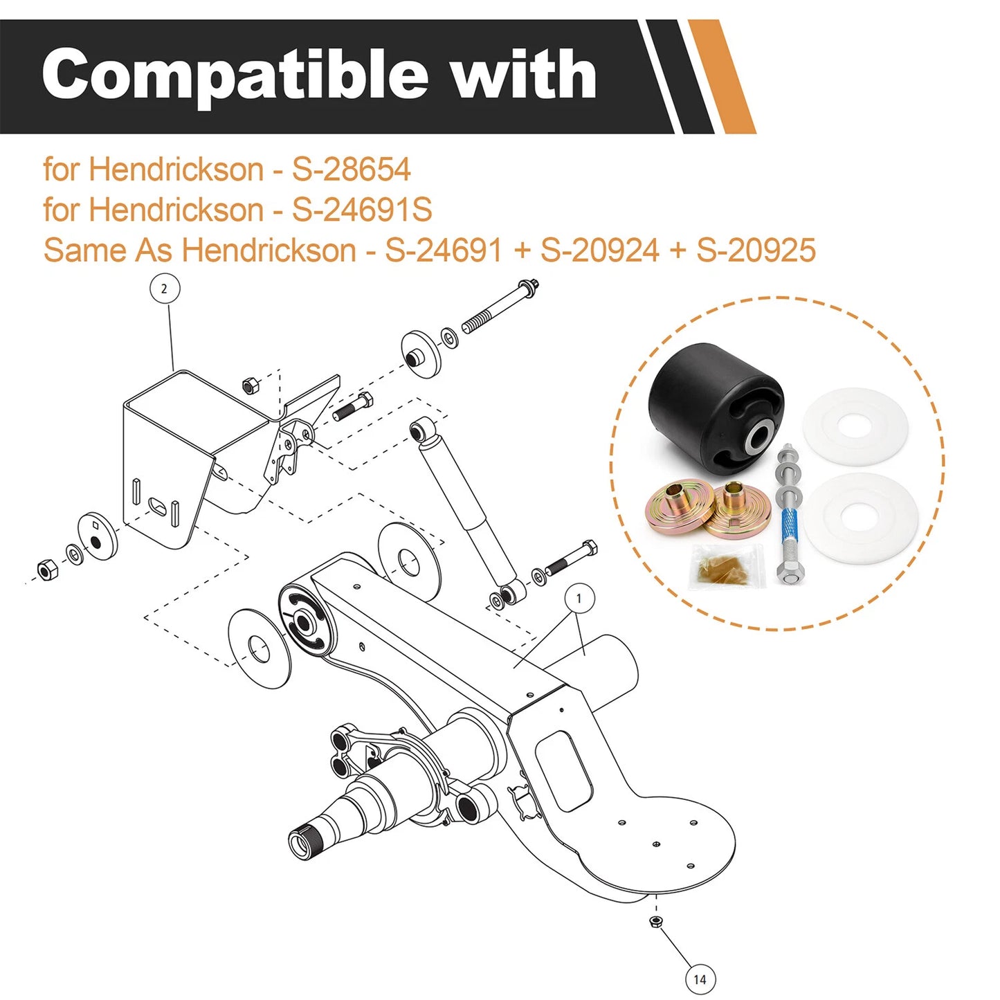 For Hendrickson Quick Align Pivot Bushing Kit+Alignment Collars S-24691S S-28654